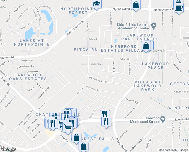 map of restaurants, bars, coffee shops, grocery stores, and more near 16306 Hammerwood Court in Tomball