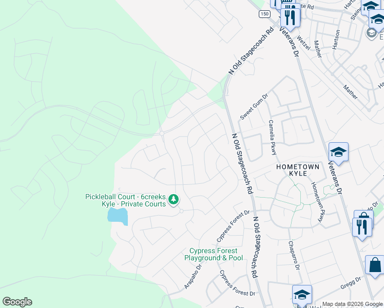 map of restaurants, bars, coffee shops, grocery stores, and more near Coyote Creek Way in Kyle