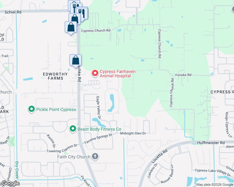 map of restaurants, bars, coffee shops, grocery stores, and more near 15723 Summer Maple Trail in Cypress