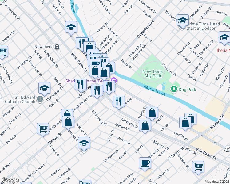 map of restaurants, bars, coffee shops, grocery stores, and more near 420 West Main Street in New Iberia
