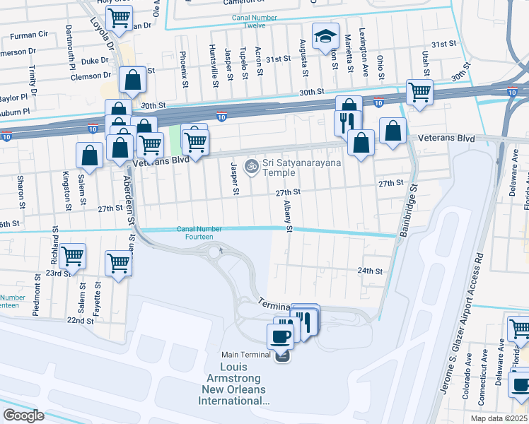 map of restaurants, bars, coffee shops, grocery stores, and more near 2625 Acron Street in Kenner