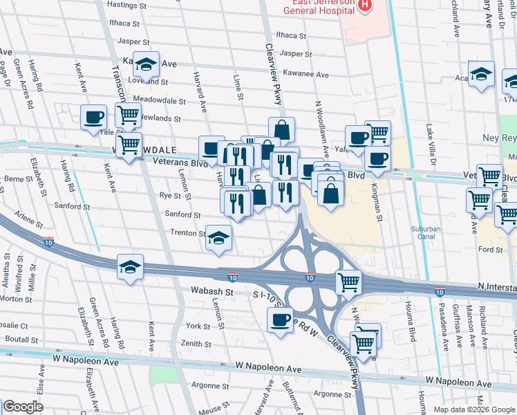 map of restaurants, bars, coffee shops, grocery stores, and more near 3016 Lime Street in Metairie