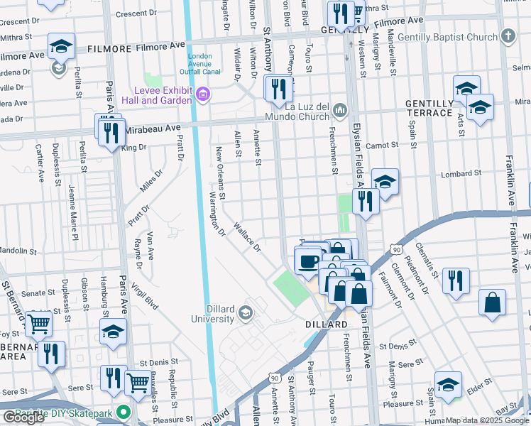 map of restaurants, bars, coffee shops, grocery stores, and more near 1919 Stephen Girard Street in New Orleans