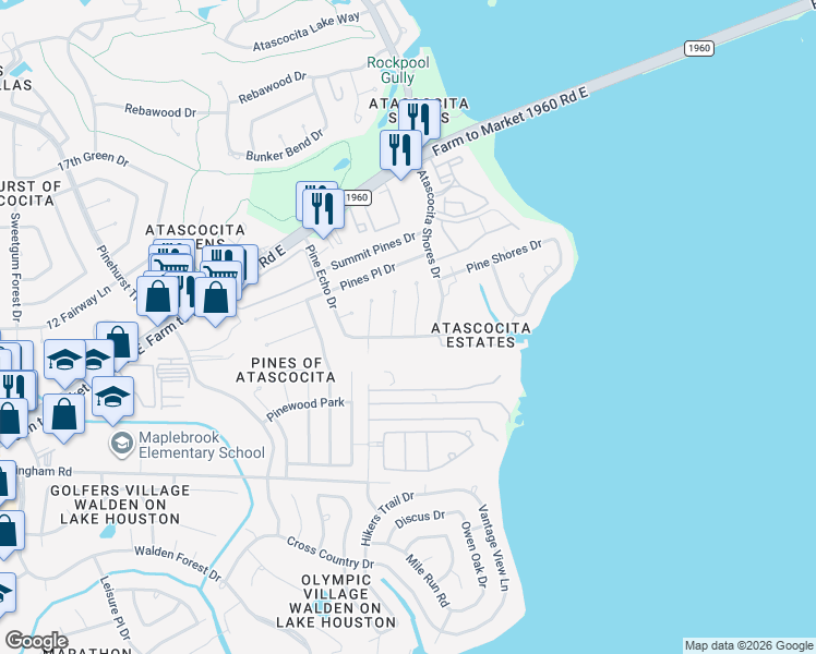 map of restaurants, bars, coffee shops, grocery stores, and more near 19511 Gamble Oak Drive in Humble
