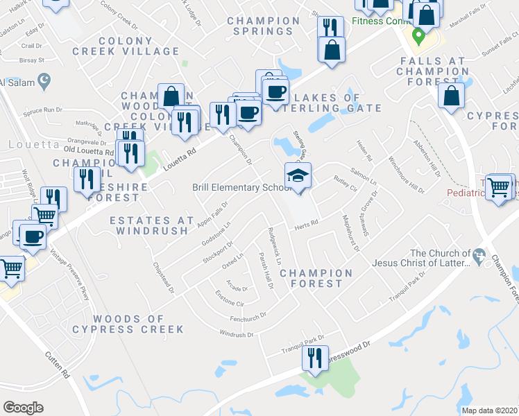map of restaurants, bars, coffee shops, grocery stores, and more near 9302 Stockport Drive in Spring