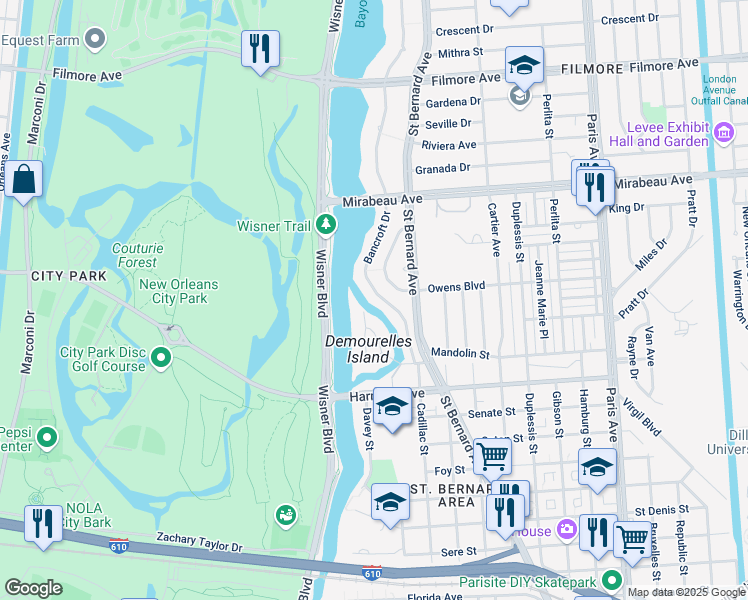 map of restaurants, bars, coffee shops, grocery stores, and more near 4514 Bancroft Drive in New Orleans