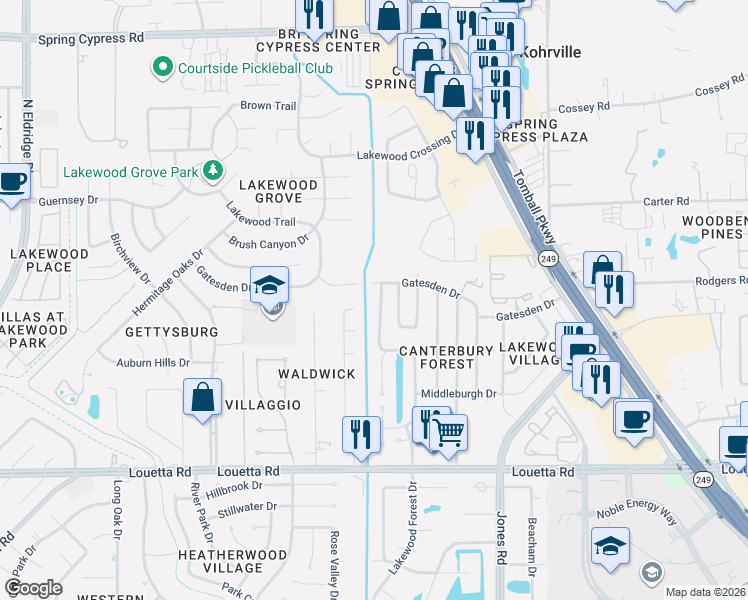 map of restaurants, bars, coffee shops, grocery stores, and more near 15715 Downford Drive in Tomball