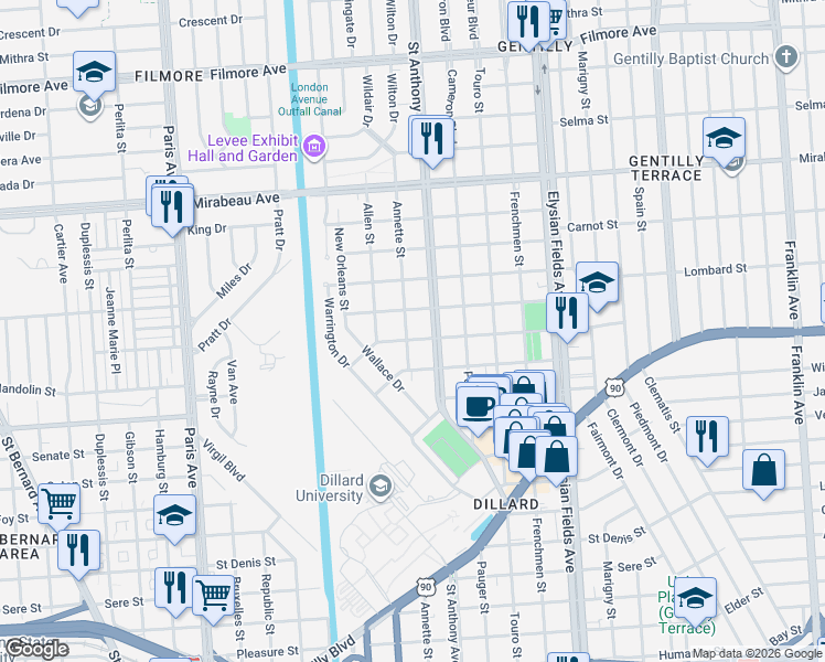 map of restaurants, bars, coffee shops, grocery stores, and more near 4402 Saint Anthony Avenue in New Orleans