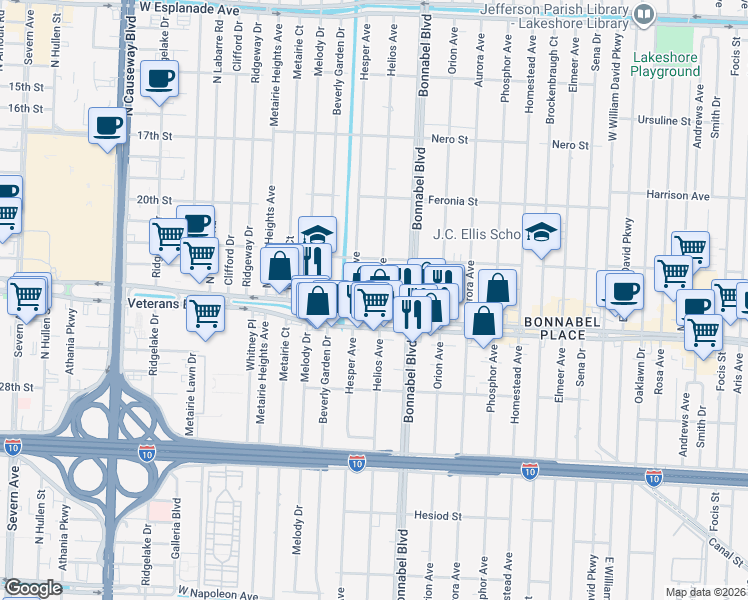 map of restaurants, bars, coffee shops, grocery stores, and more near 806 Helios Avenue in Metairie