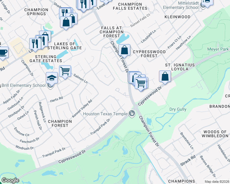 map of restaurants, bars, coffee shops, grocery stores, and more near 24 Stonegate Park Court in Spring