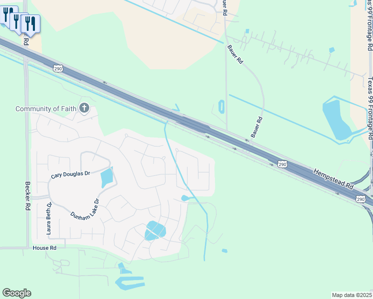 map of restaurants, bars, coffee shops, grocery stores, and more near 31234 Roos River Drive in Harris County