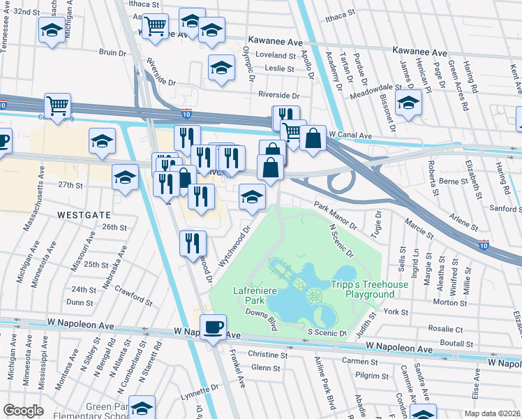 map of restaurants, bars, coffee shops, grocery stores, and more near 6707 Madewood Drive in Metairie
