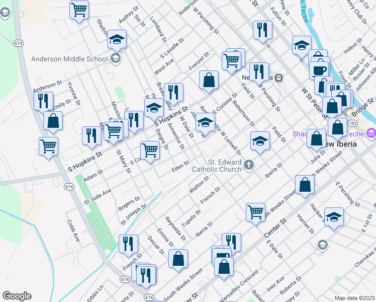 map of restaurants, bars, coffee shops, grocery stores, and more near 1019 Saint Jude Avenue in New Iberia