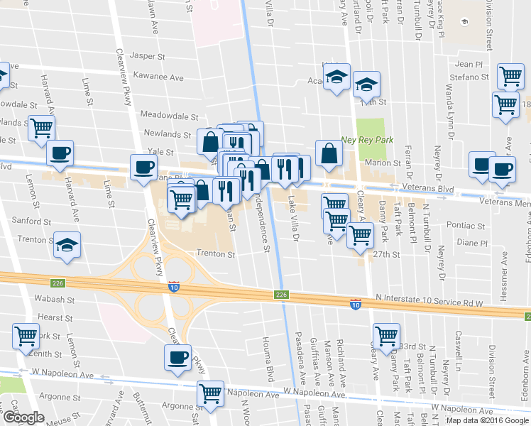 map of restaurants, bars, coffee shops, grocery stores, and more near 3106 Independence Street in Metairie