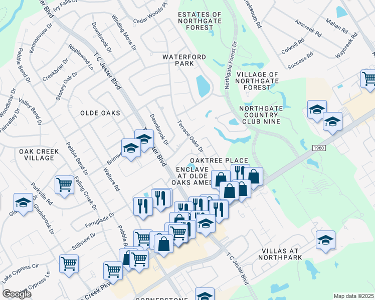 map of restaurants, bars, coffee shops, grocery stores, and more near 3219 Pebble Trace Drive in Houston