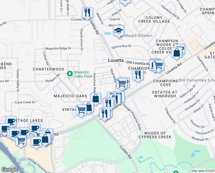 map of restaurants, bars, coffee shops, grocery stores, and more near 15918 Mustang Mountain Court in Houston