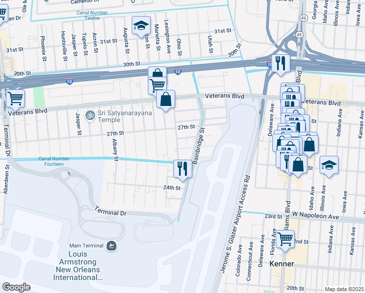 map of restaurants, bars, coffee shops, grocery stores, and more near 1306 26th Street in Kenner