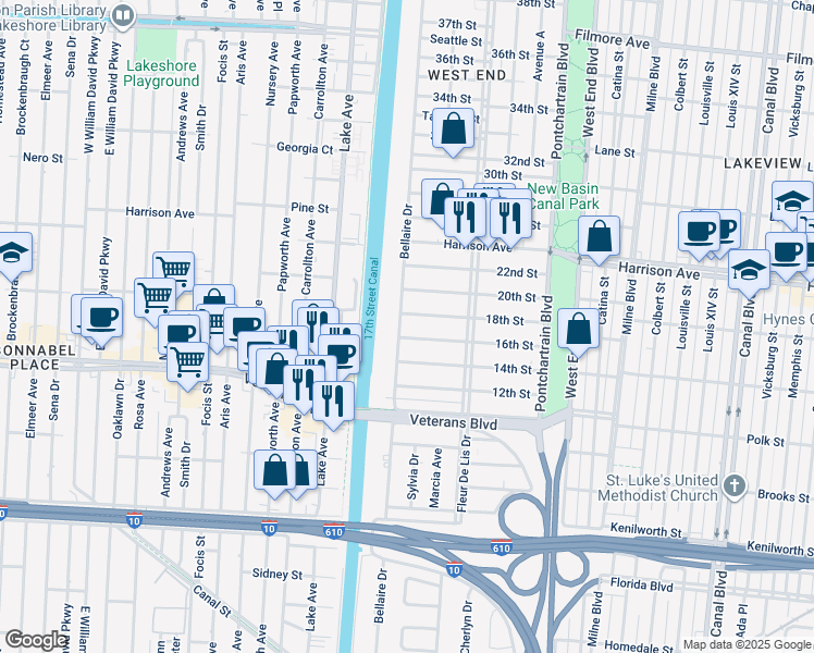 map of restaurants, bars, coffee shops, grocery stores, and more near 6145 Bellaire Drive in New Orleans