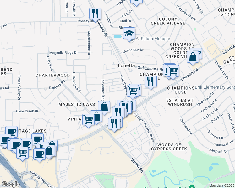 map of restaurants, bars, coffee shops, grocery stores, and more near 15918 Mustang Mountain Court in Houston