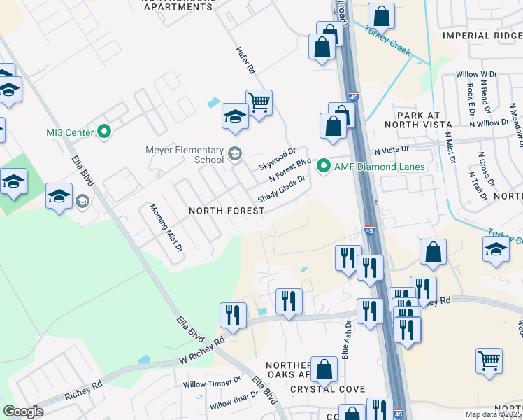 map of restaurants, bars, coffee shops, grocery stores, and more near 514 Mistywood Drive in Houston