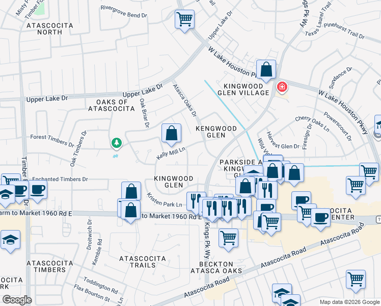 map of restaurants, bars, coffee shops, grocery stores, and more near 19318 Kristen Pine Drive in Humble