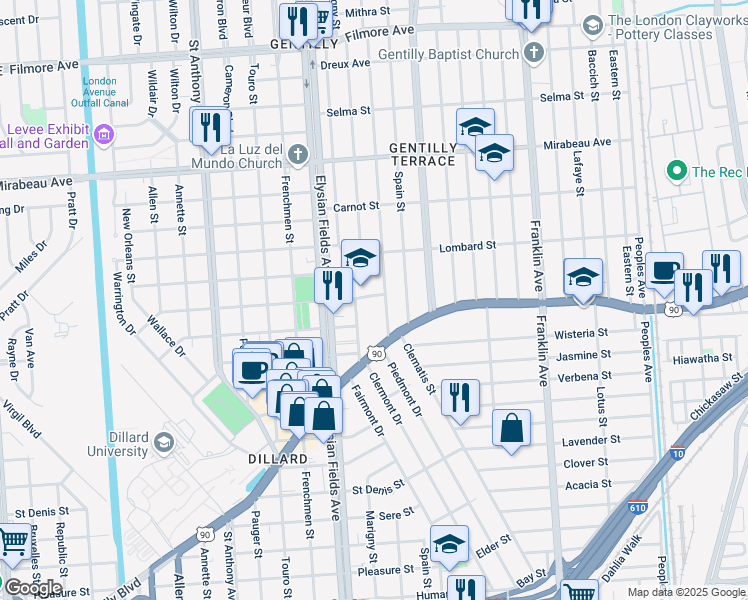 map of restaurants, bars, coffee shops, grocery stores, and more near 3333 Gentilly Boulevard in New Orleans
