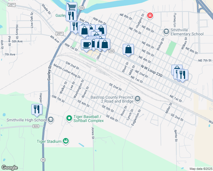 map of restaurants, bars, coffee shops, grocery stores, and more near 203 Jones Street in Smithville