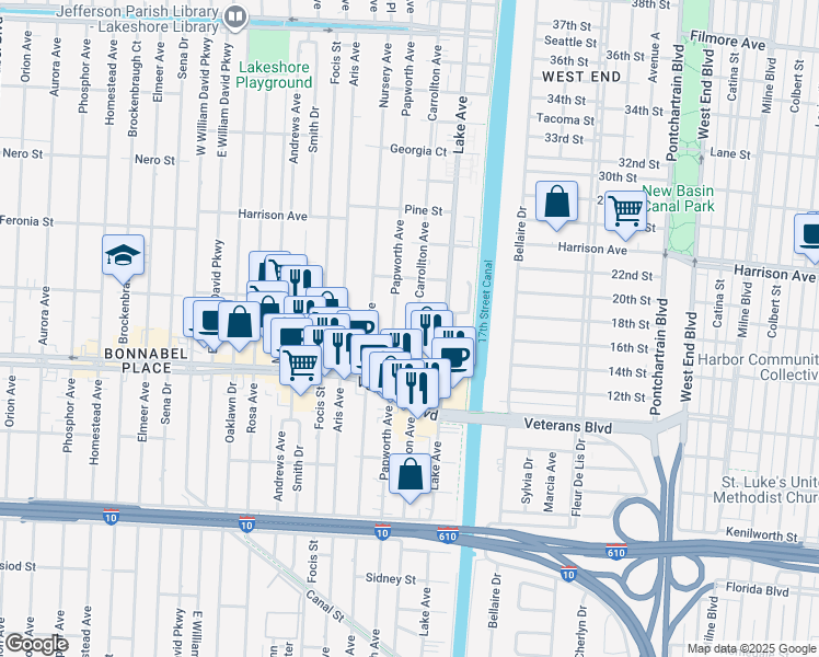 map of restaurants, bars, coffee shops, grocery stores, and more near 1008 Carrollton Avenue in Metairie