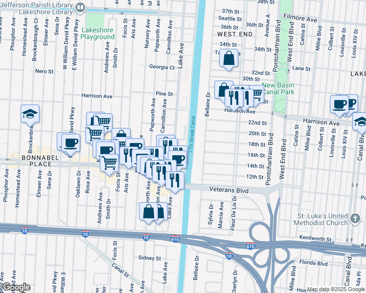 map of restaurants, bars, coffee shops, grocery stores, and more near 1011 Lake Avenue in Metairie