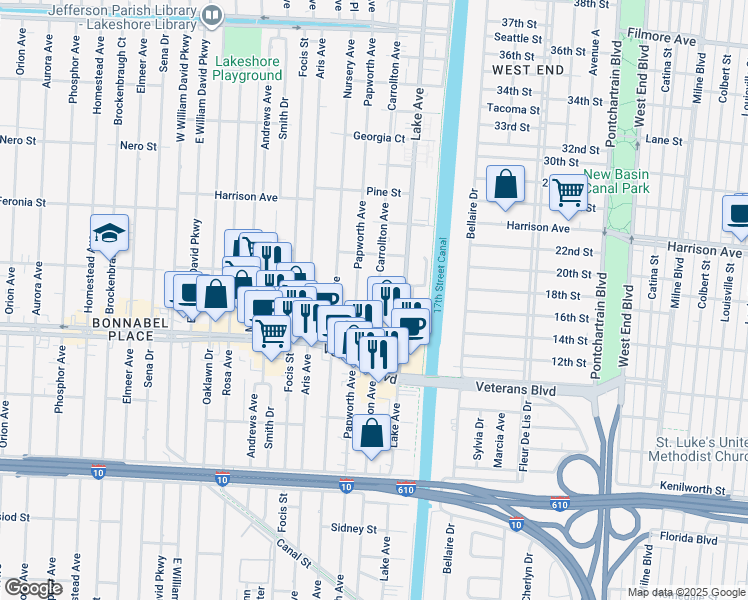 map of restaurants, bars, coffee shops, grocery stores, and more near 1008 Carrollton Avenue in Metairie