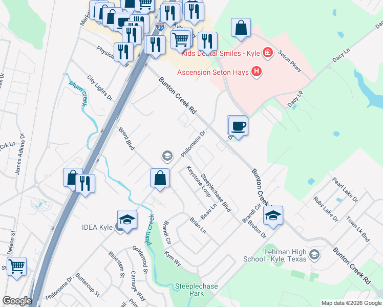 map of restaurants, bars, coffee shops, grocery stores, and more near 320 Bailey Loop in Kyle