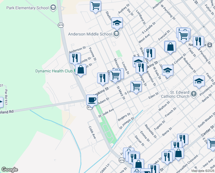 map of restaurants, bars, coffee shops, grocery stores, and more near 1376-1452 S Hopkins St in New Iberia