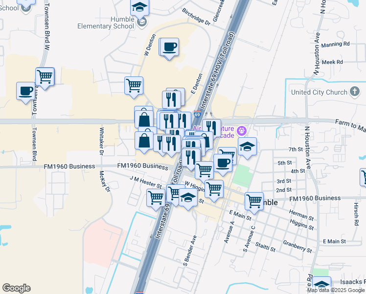 map of restaurants, bars, coffee shops, grocery stores, and more near 19333 Interstate 69 in Humble