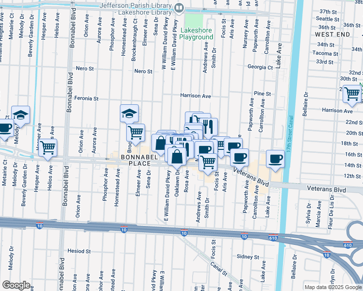 map of restaurants, bars, coffee shops, grocery stores, and more near 732 Rosa Avenue in Metairie