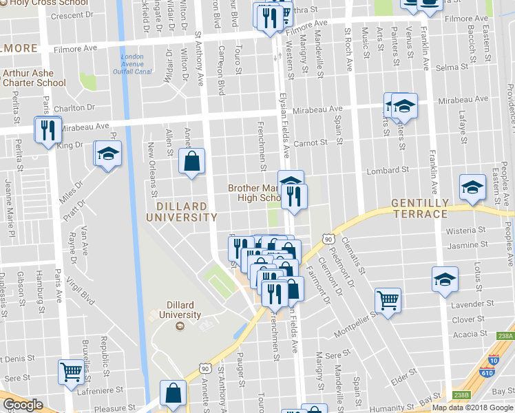 map of restaurants, bars, coffee shops, grocery stores, and more near 2127 Stephen Girard Street in New Orleans