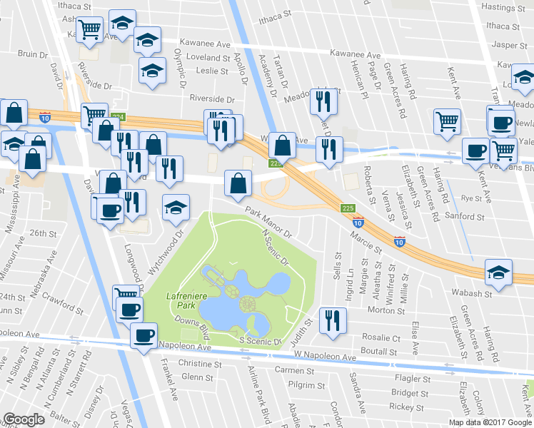 map of restaurants, bars, coffee shops, grocery stores, and more near 6495 Marcie Street in Metairie