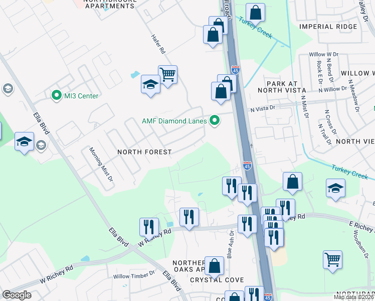 map of restaurants, bars, coffee shops, grocery stores, and more near 419 Mistywood Drive in Houston
