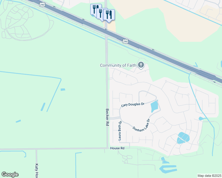 map of restaurants, bars, coffee shops, grocery stores, and more near 16343 Tyler Reach Drive in Harris County