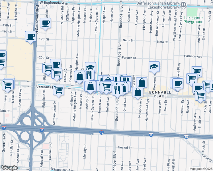 map of restaurants, bars, coffee shops, grocery stores, and more near 808 Helios Avenue in Metairie