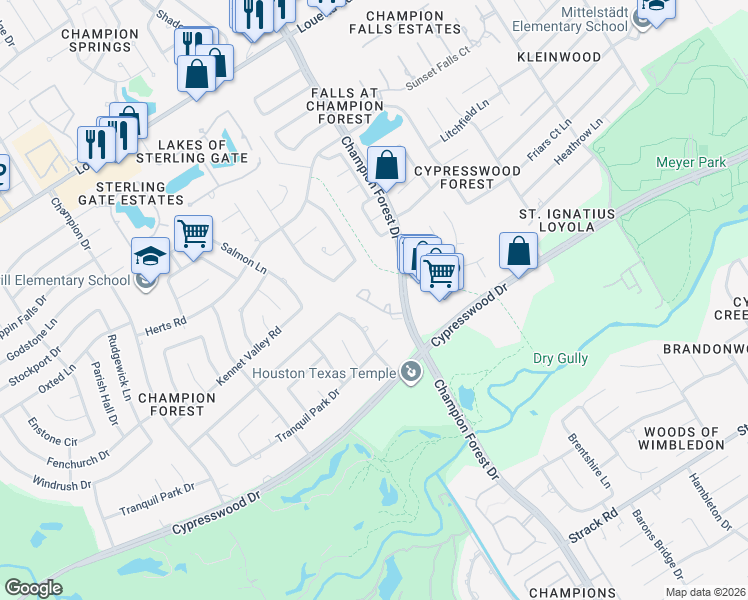 map of restaurants, bars, coffee shops, grocery stores, and more near 24 Stonegate Park Court in Spring