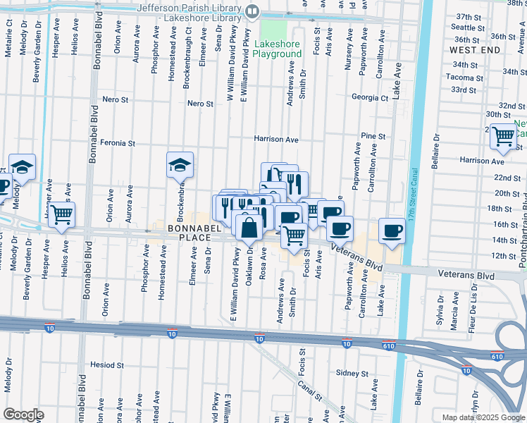 map of restaurants, bars, coffee shops, grocery stores, and more near 732 Rosa Avenue in Metairie