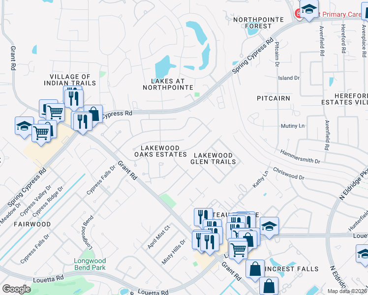 map of restaurants, bars, coffee shops, grocery stores, and more near 13418 Cypress Pond Road in Cypress