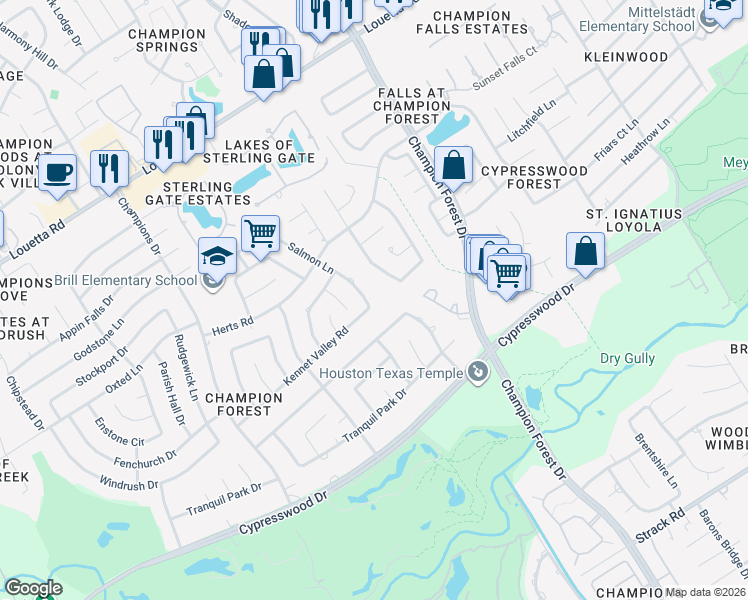 map of restaurants, bars, coffee shops, grocery stores, and more near 16006 Salmon Lane in Spring
