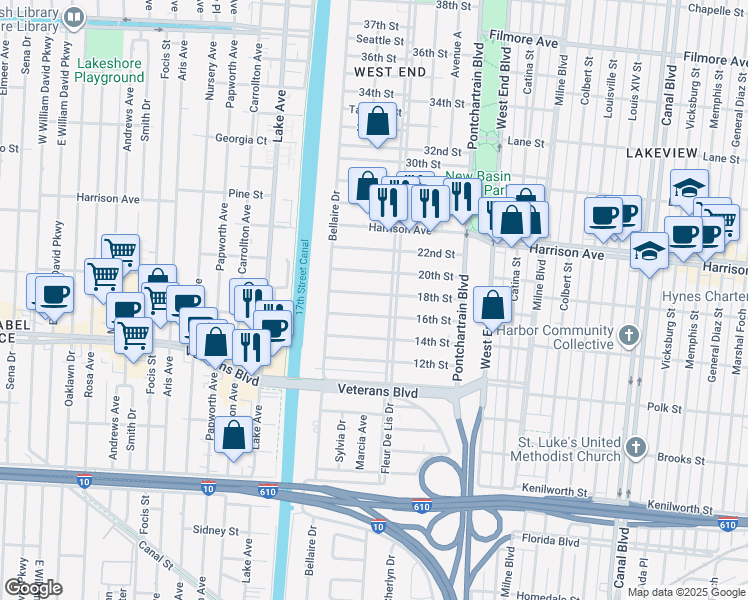 map of restaurants, bars, coffee shops, grocery stores, and more near 332 18th Street in New Orleans