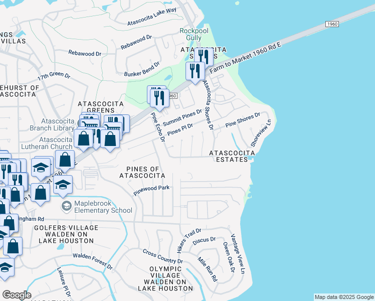 map of restaurants, bars, coffee shops, grocery stores, and more near 19511 Gamble Oak Drive in Humble