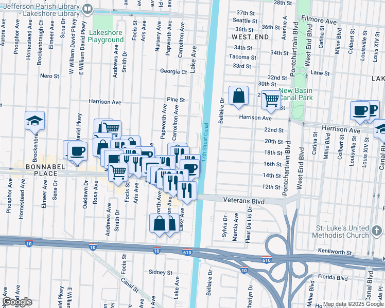 map of restaurants, bars, coffee shops, grocery stores, and more near 1010 Lake Avenue in Metairie