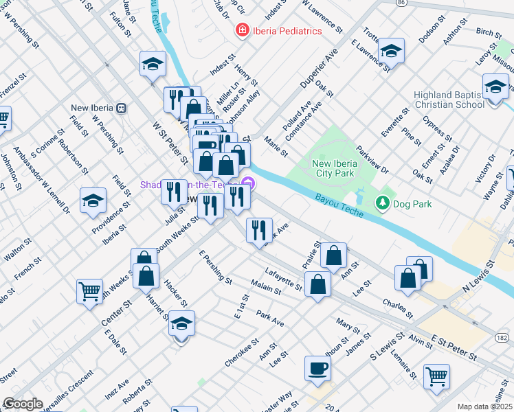 map of restaurants, bars, coffee shops, grocery stores, and more near 420 West Main Street in New Iberia