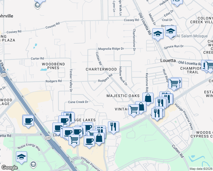 map of restaurants, bars, coffee shops, grocery stores, and more near 16039 Lausanne Drive in Houston