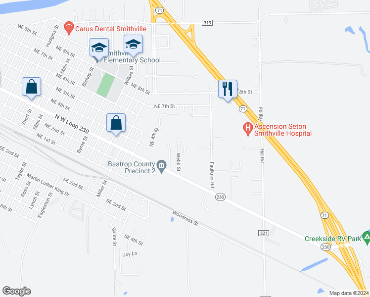 map of restaurants, bars, coffee shops, grocery stores, and more near 304 Webb Street in Smithville