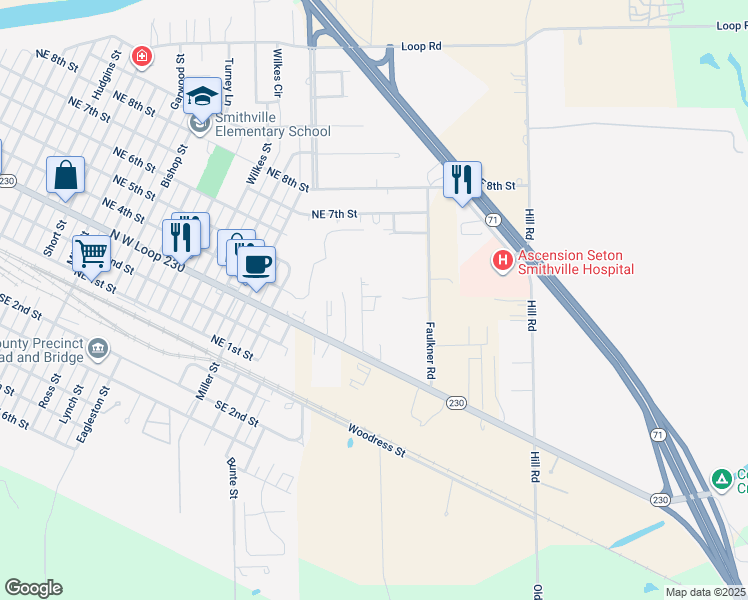 map of restaurants, bars, coffee shops, grocery stores, and more near 304 Webb Street in Smithville